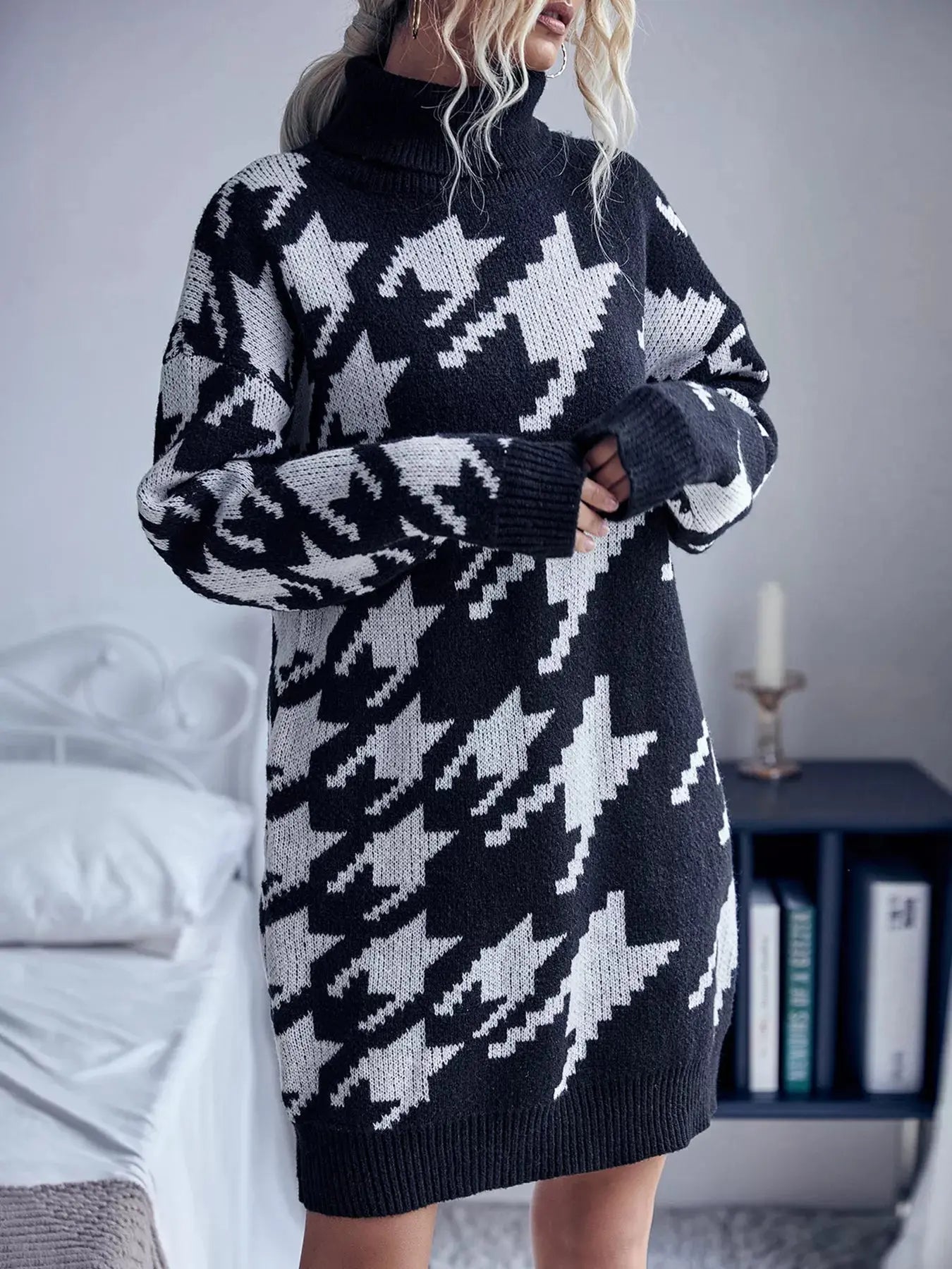 Houndstooth Pattern Turtleneck Sweater Dress Simply Love