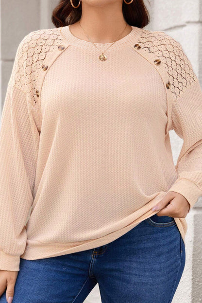 Chic beige plus size waffle knit top with lace patchwork and button details