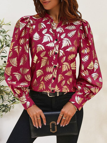 Printed Notched Long Sleeve Shirt.