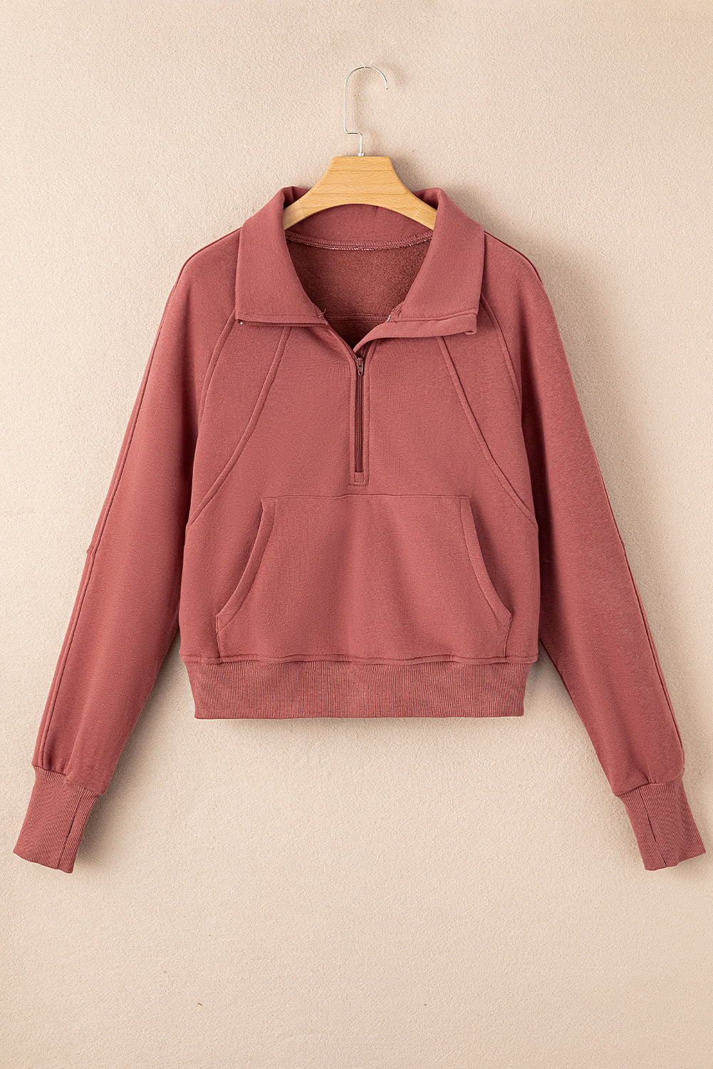 Cozy brown fleece zip-up sweatshirt with thumbhole sleeves