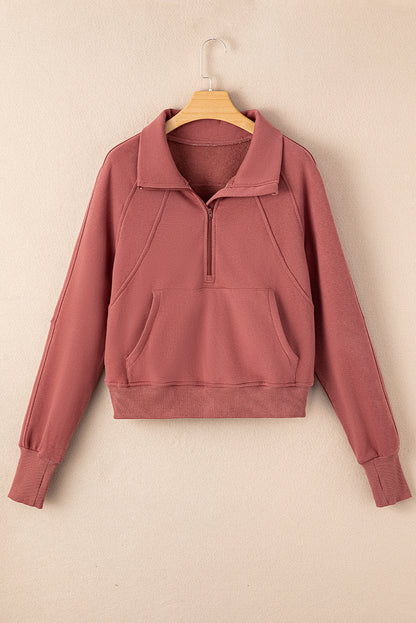 Cozy brown fleece zip-up sweatshirt with thumbhole sleeves