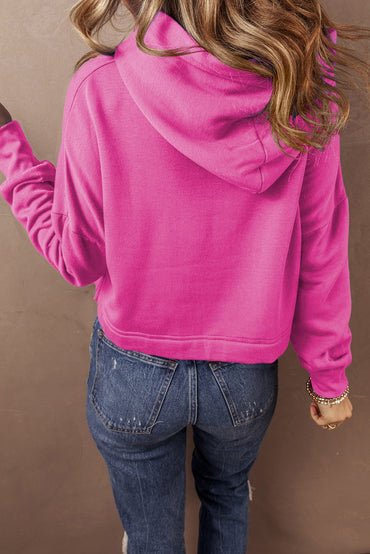 Sachet Pink Solid Drop Shoulder Drawstring Cropped Hoodie