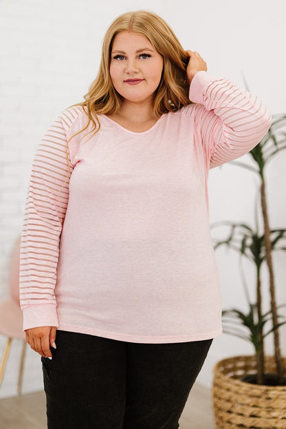 Plus Size Sheer Striped Sleeve V-Neck Top.