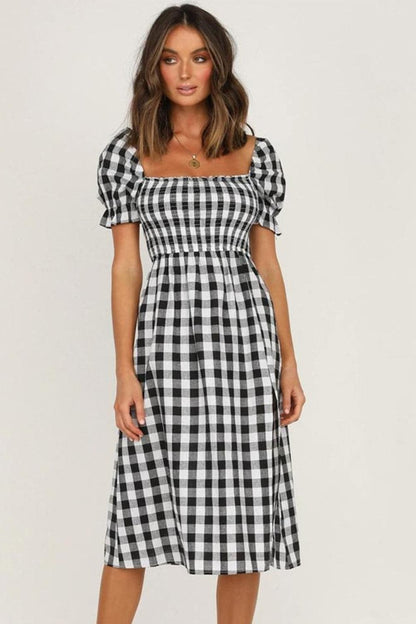 Full Size Slit Plaid Short Sleeve Midi Dress.