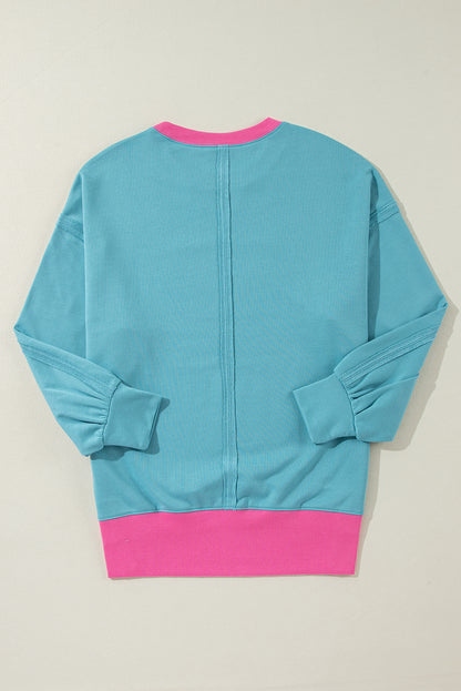 Light Blue Colorblock Patchwork Oversized Crew Sweatshirt