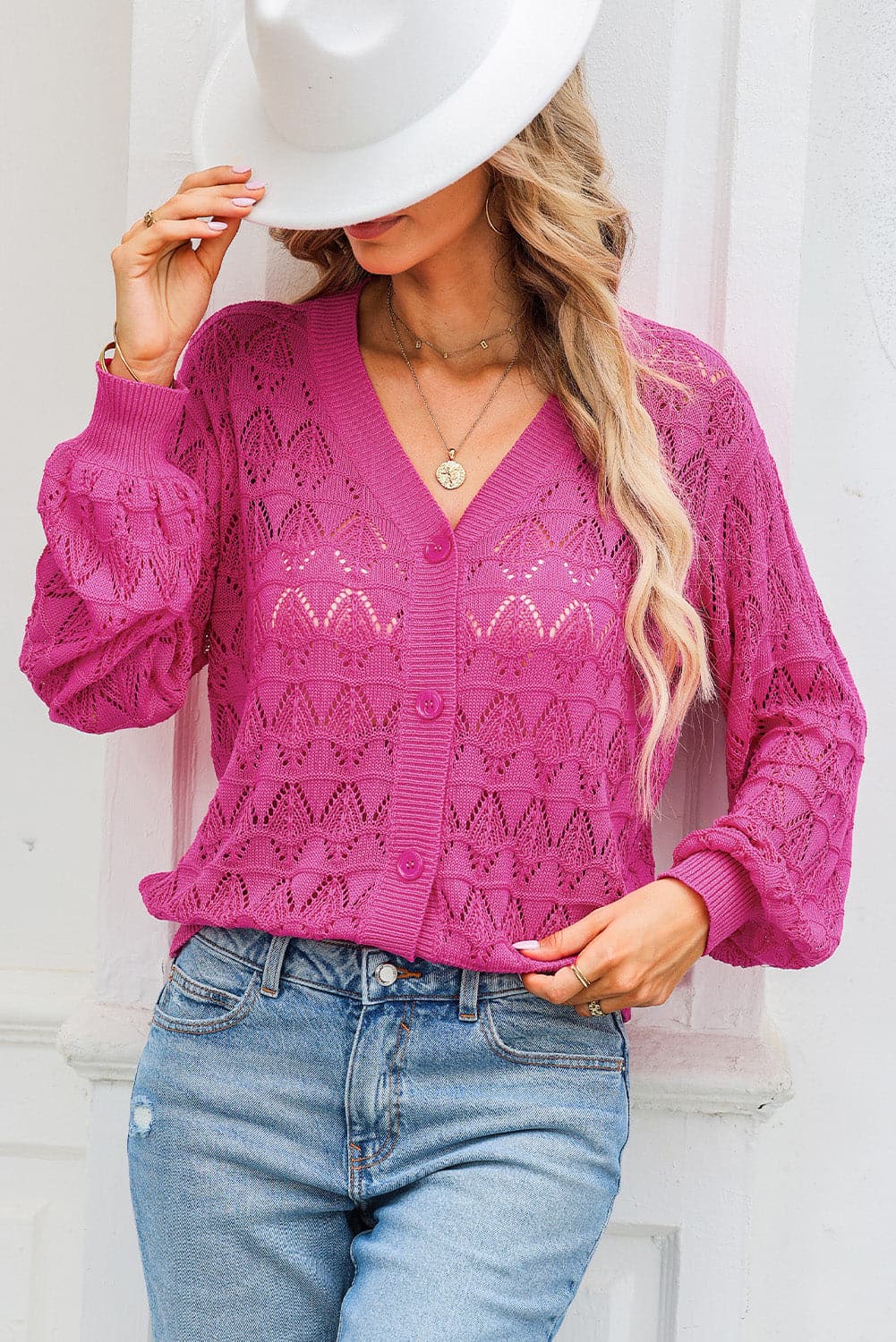 Openwork V-Neck Cardigan.