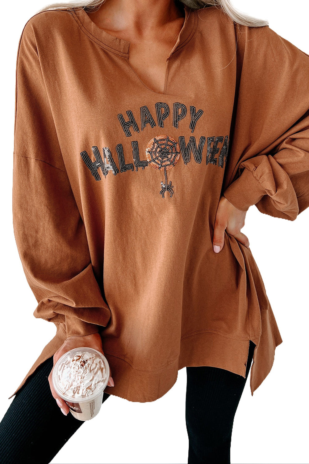 Chic chestnut Halloween top with sequin graphic and long sleeves