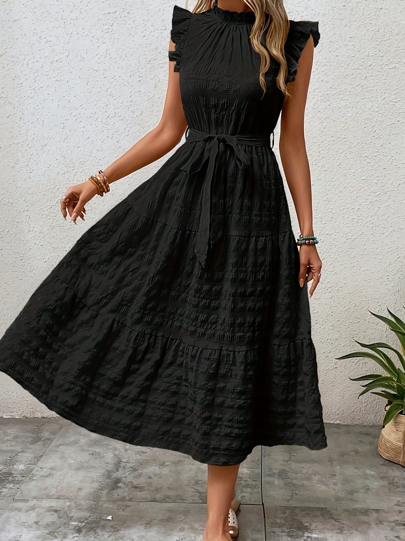 Tied Ruffled Cap Sleeve Midi Dress.