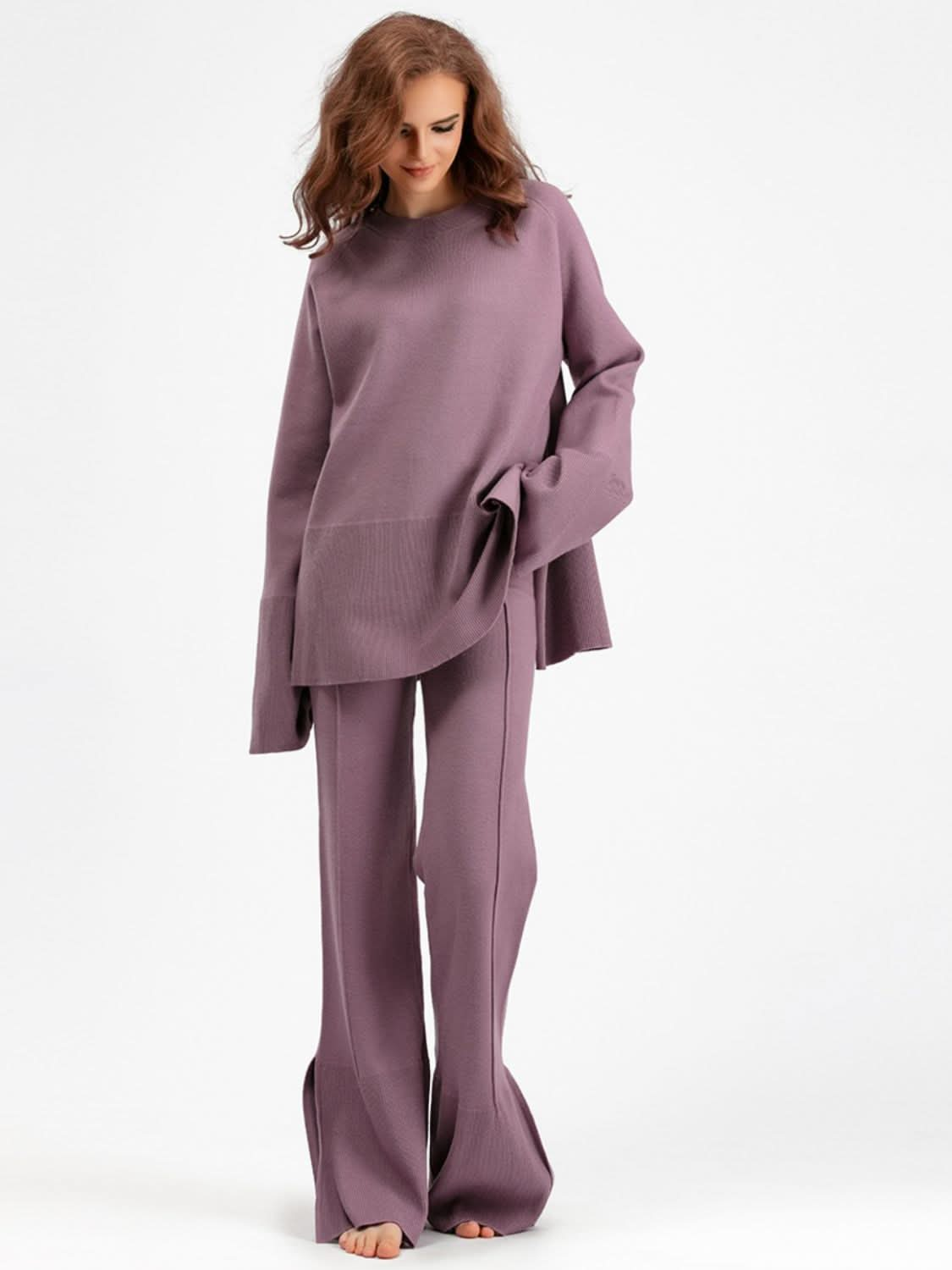 Basic Bae Slit Round Neck Long Sleeve Top and Drawstring Pants Sweater Set