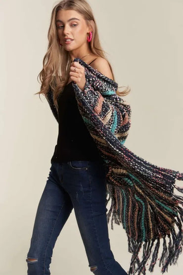 ADORA Multi Colour Sweater Long Cardigan with Fringes - Love Salve 