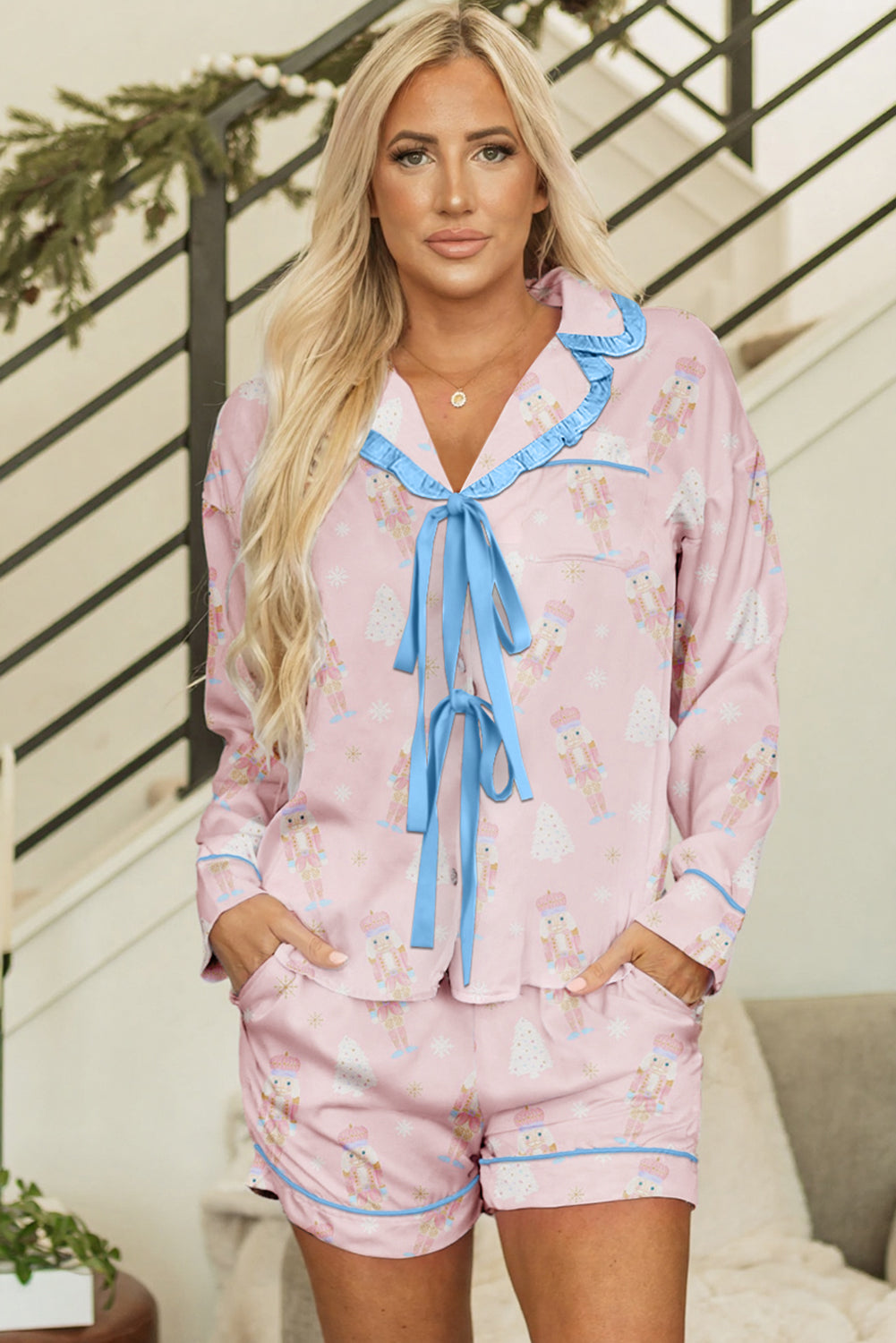 Pink Bow Tie Front Christmas Nutcracker Pajama Set With Long Sleeve Top Dear-Lover Dropshipping