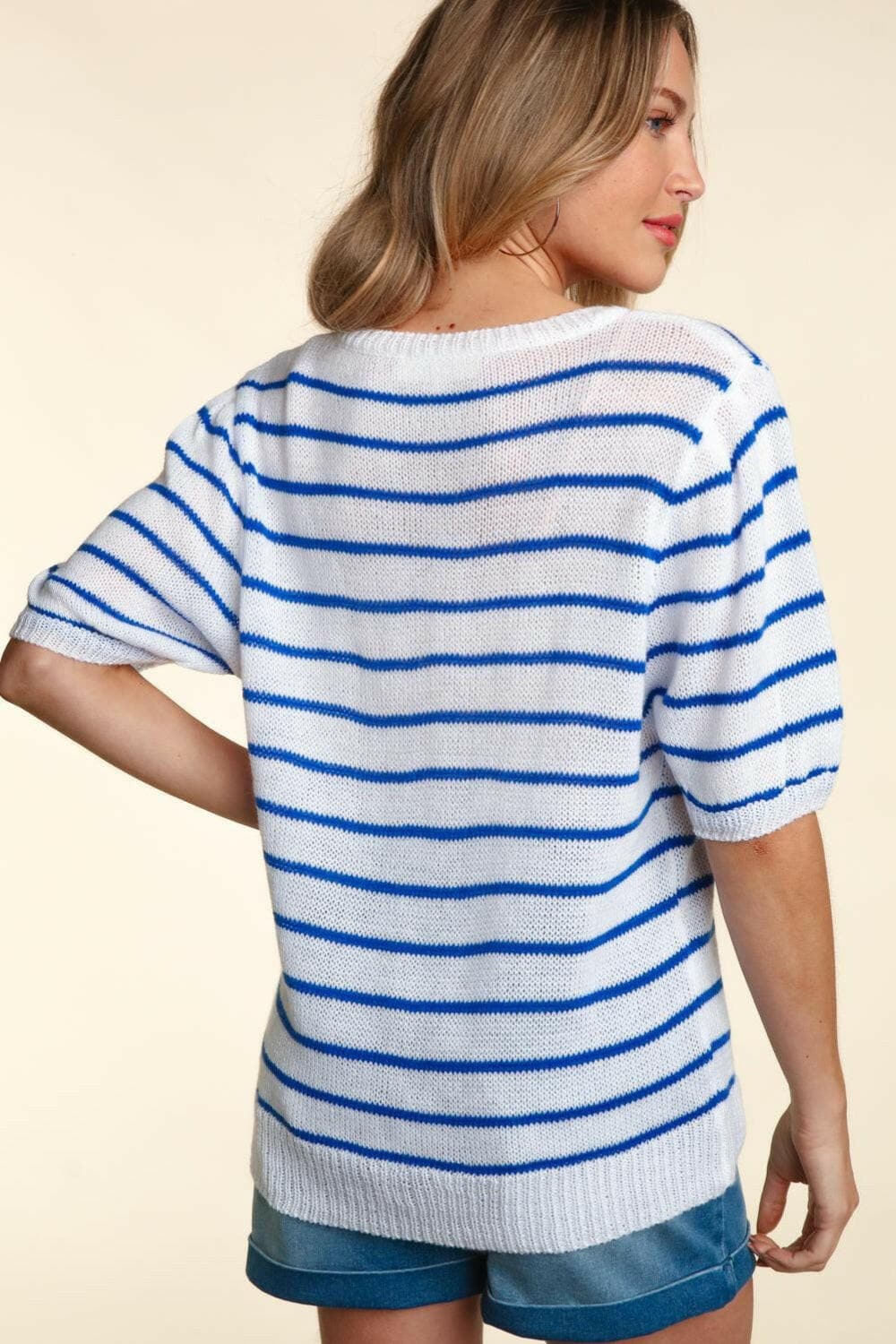 Haptics Letter Embroidery Striped Knit Top.