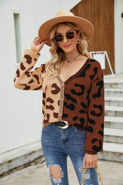 Leopard Button Up Dropped Shoulder Cardigan.