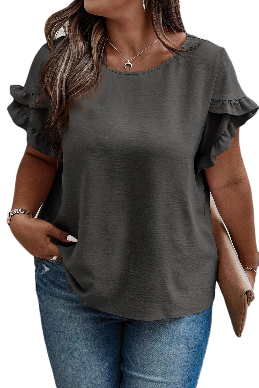 Chic dark grey ruffled plus size top for effortless elegance