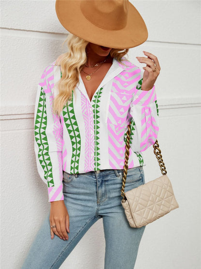 Geometric Collared Long Sleeve Button-Up Shirt