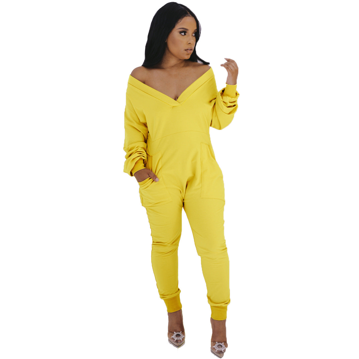 Women Clothing V neck Jumpsuit Sexy Sweatshirt Jumpsuit Long Sleeve Autumn Winter Pajamas Bella Mia