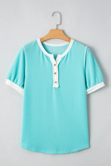 Turquoise Corded Colorblock Buttons Henley T Shirt for Women