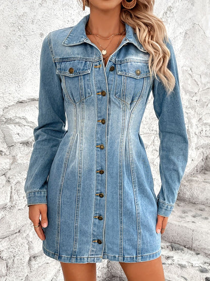 Pocketed Button Up Long Sleeve Denim Dress.