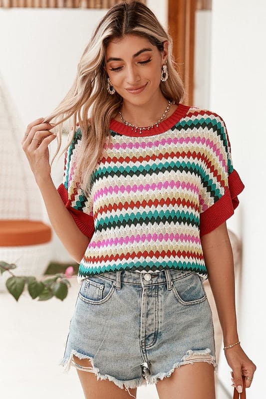 Red Pink Green stripe ruffle short sleeve knit top.