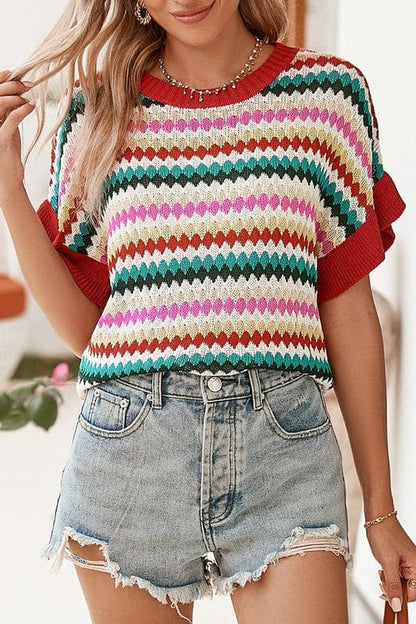 Red Pink Green stripe ruffle short sleeve knit top.