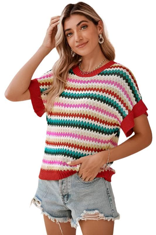 Red Pink Green stripe ruffle short sleeve knit top.