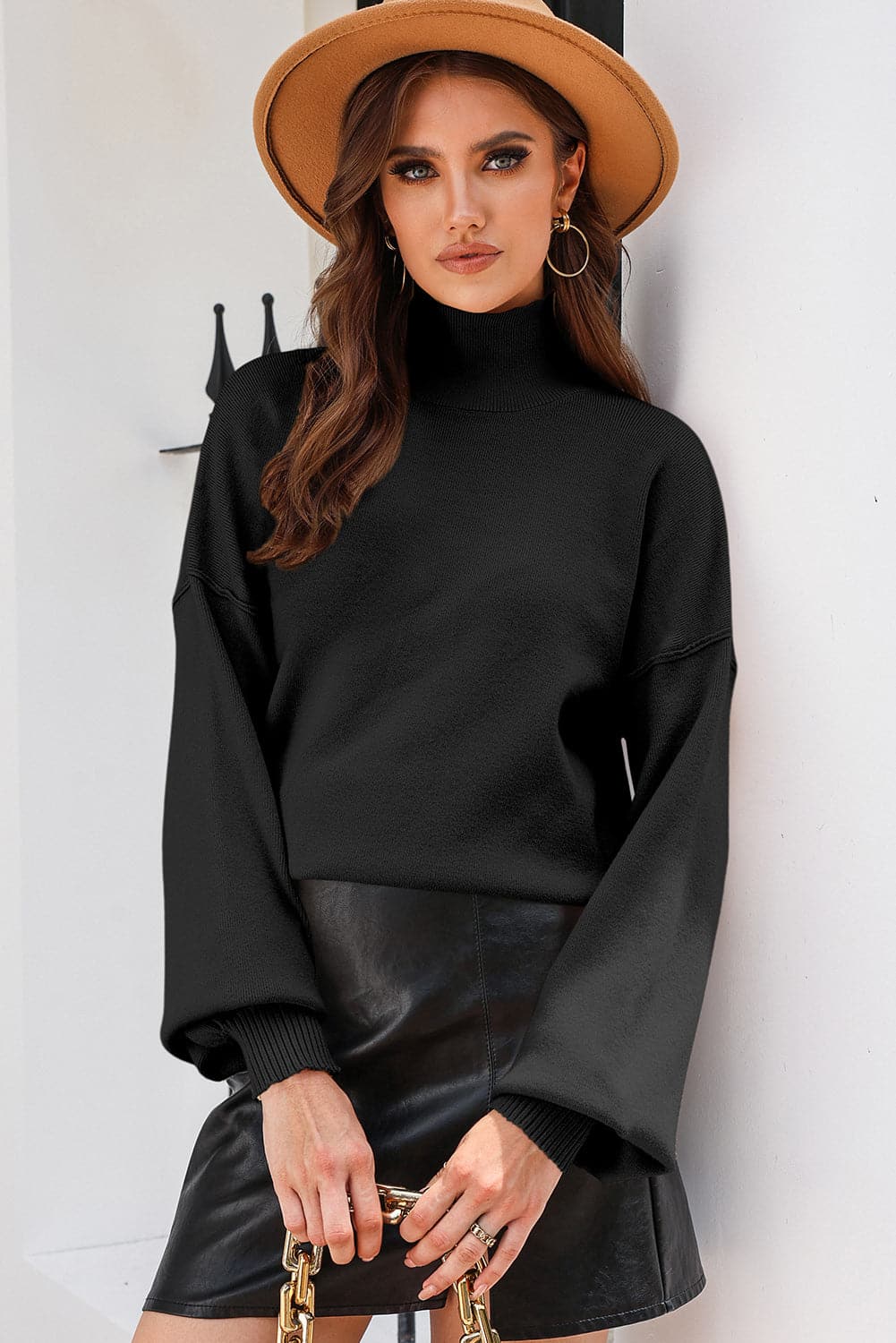 Turtleneck Lantern Sleeve Sweater.