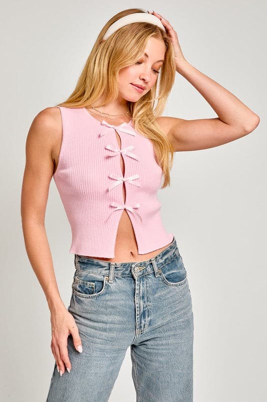 Satin Bow Detail Sleeveless Sweater Top.