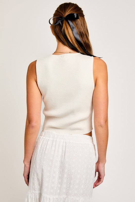 Satin Bow Detail Sleeveless Sweater Top.