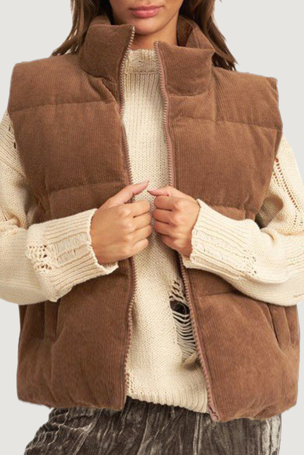 Cozy coffee corduroy puffer vest with stand neck and zipper closure