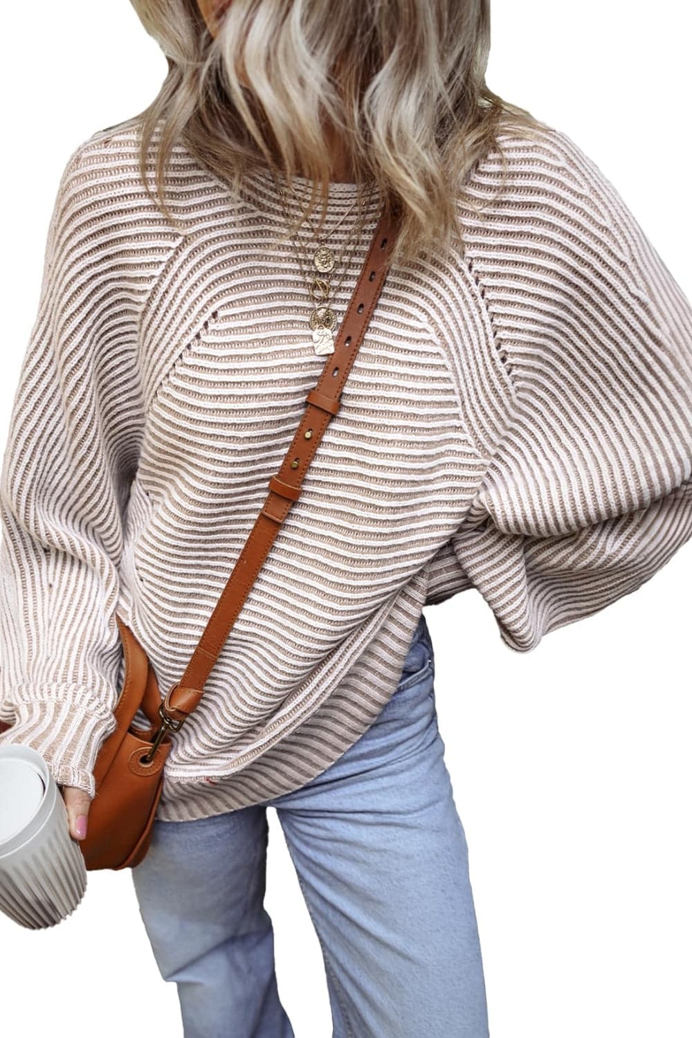 Textured striped long sleeve top with round neck