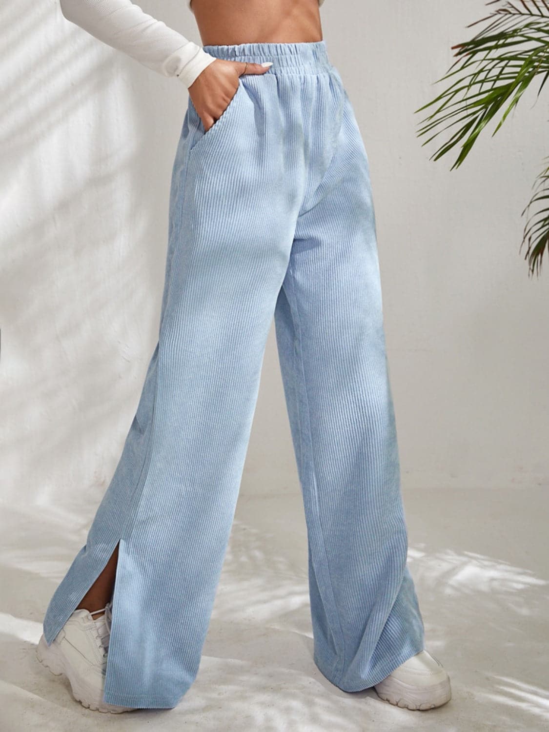 Slit Pocketed High Waist Wide Leg Pants.