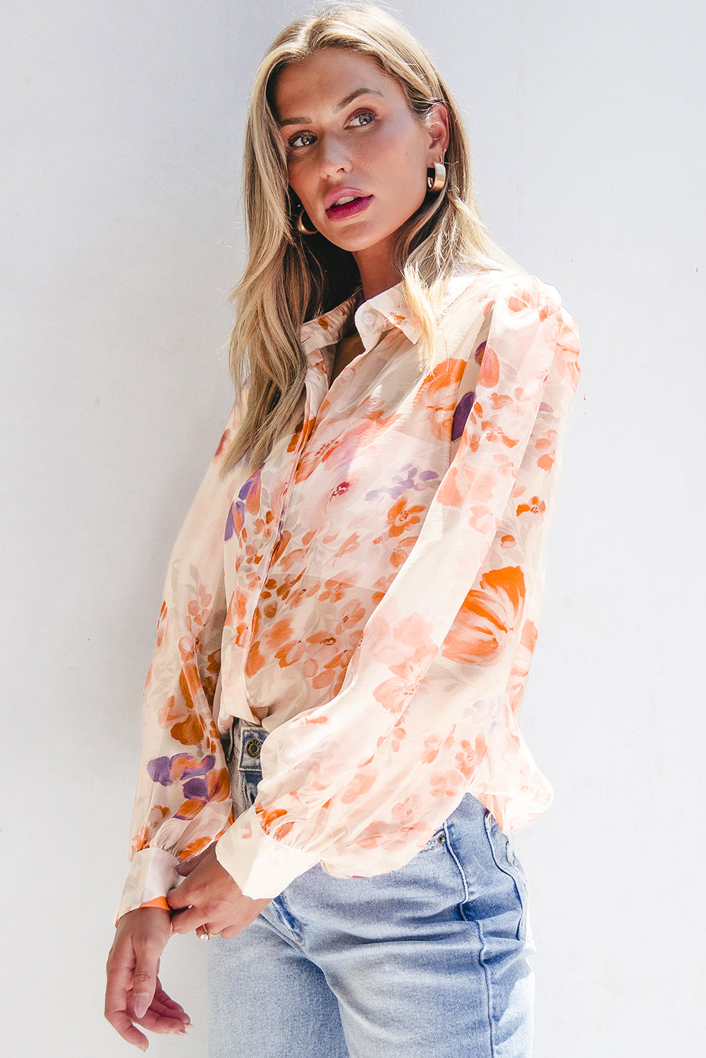 Floral balloon sleeve collared shirt