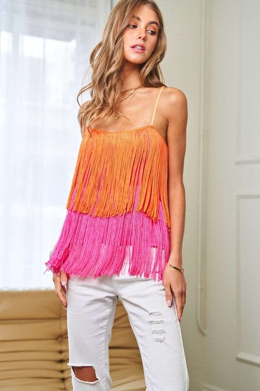 Fringe Overlay Cross Straps Party Cami Top.