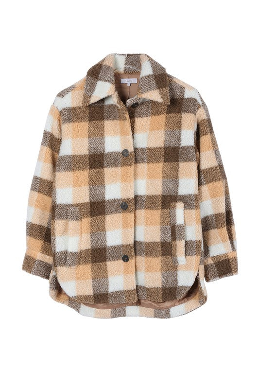 Cozy plaid sherpa jacket with functional pockets