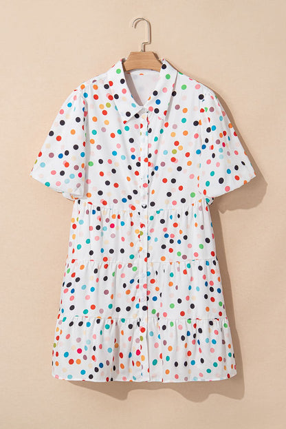 White Polka Dot Bubble Sleeve Plus Size Shirt Dress with Button Front Closure