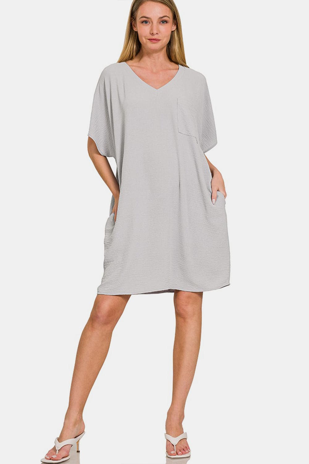 Zenana V-Neck Tee Dress with Pockets.