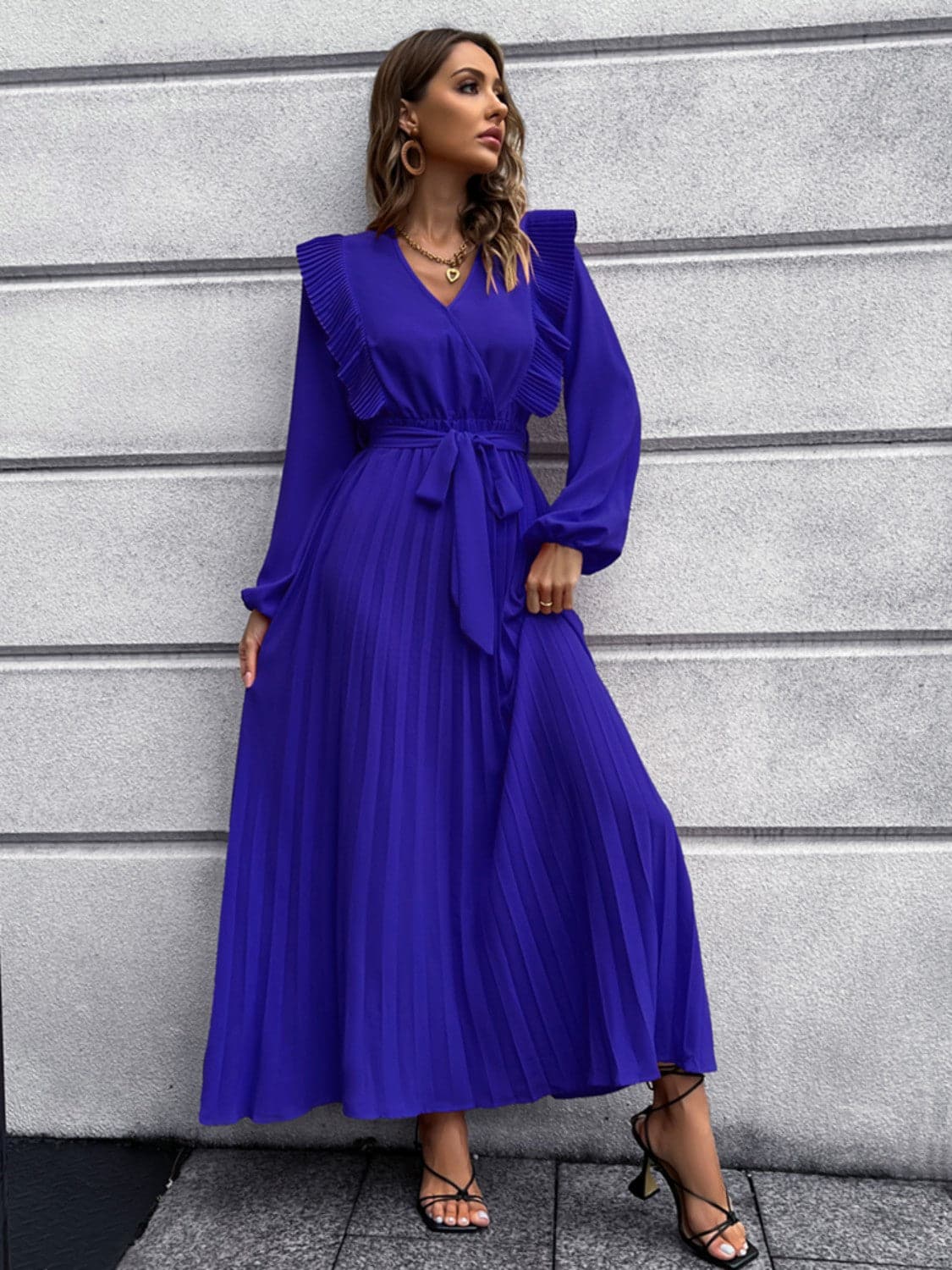 Pleated Surplice Tie Waist Maxi Dress.