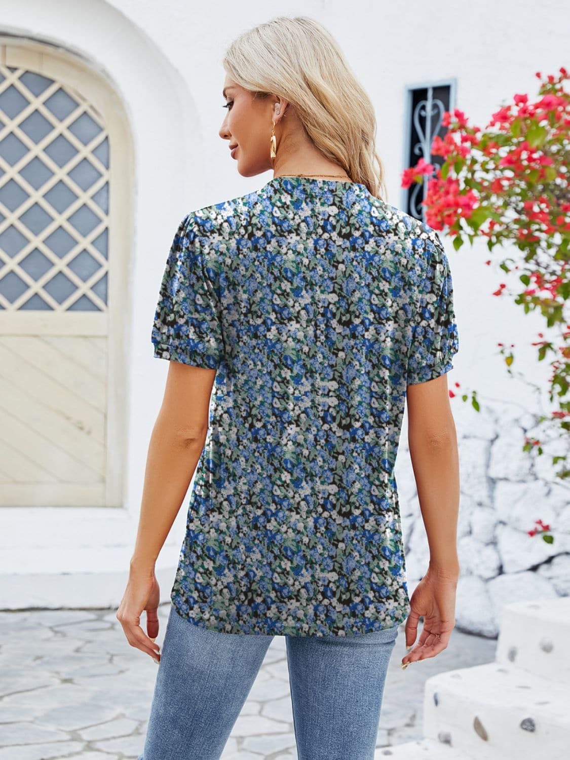 Ruched Printed Notched Short Sleeve Blouse.