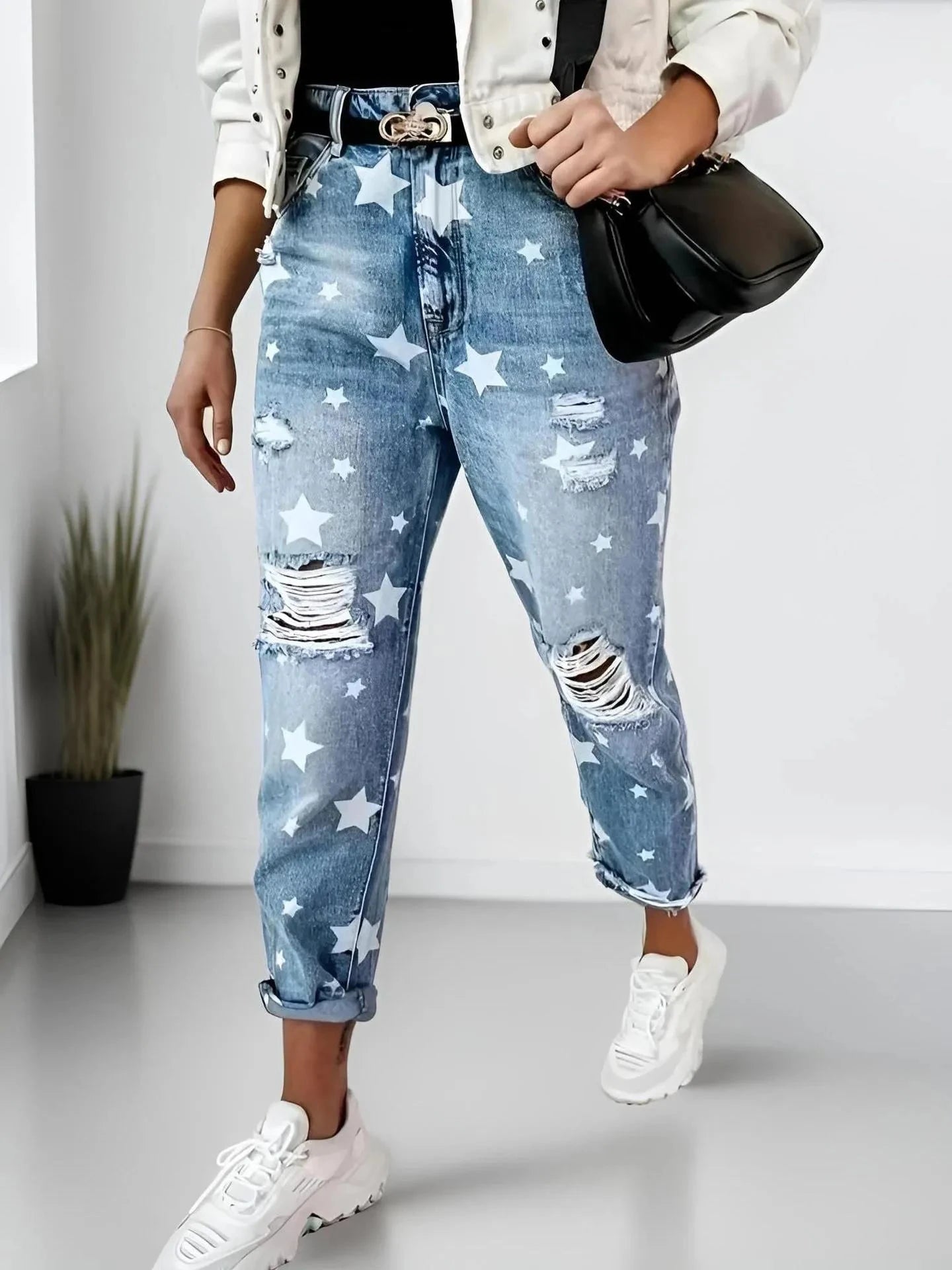 Star Print Distressed High Waist Boyfriend Jeans Coco’s Tee Boutique