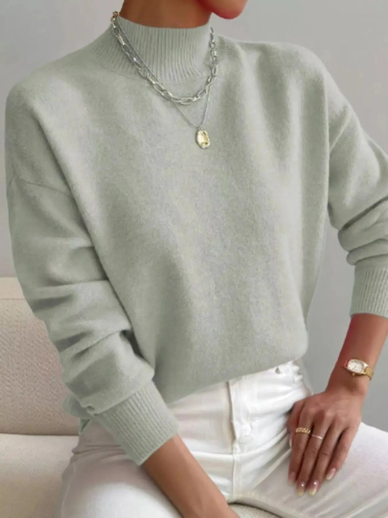 Mock Neck Dropped Shoulder Sweater Simply Love