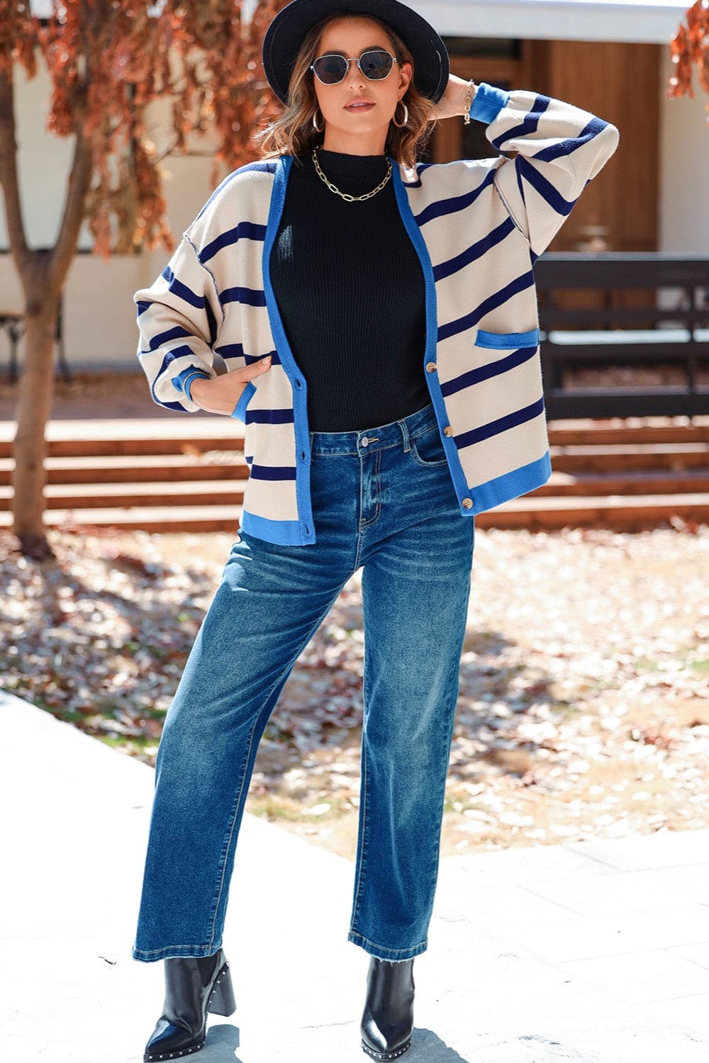 Striped Button Up Long Sleeve Cardigan.