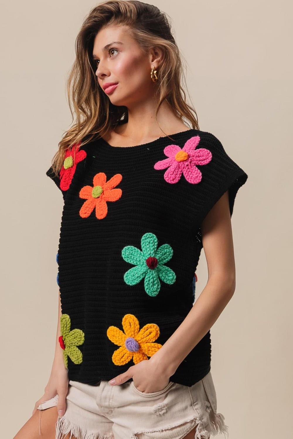 BiBi Flower Round Neck Cap Sleeve Knit Top.