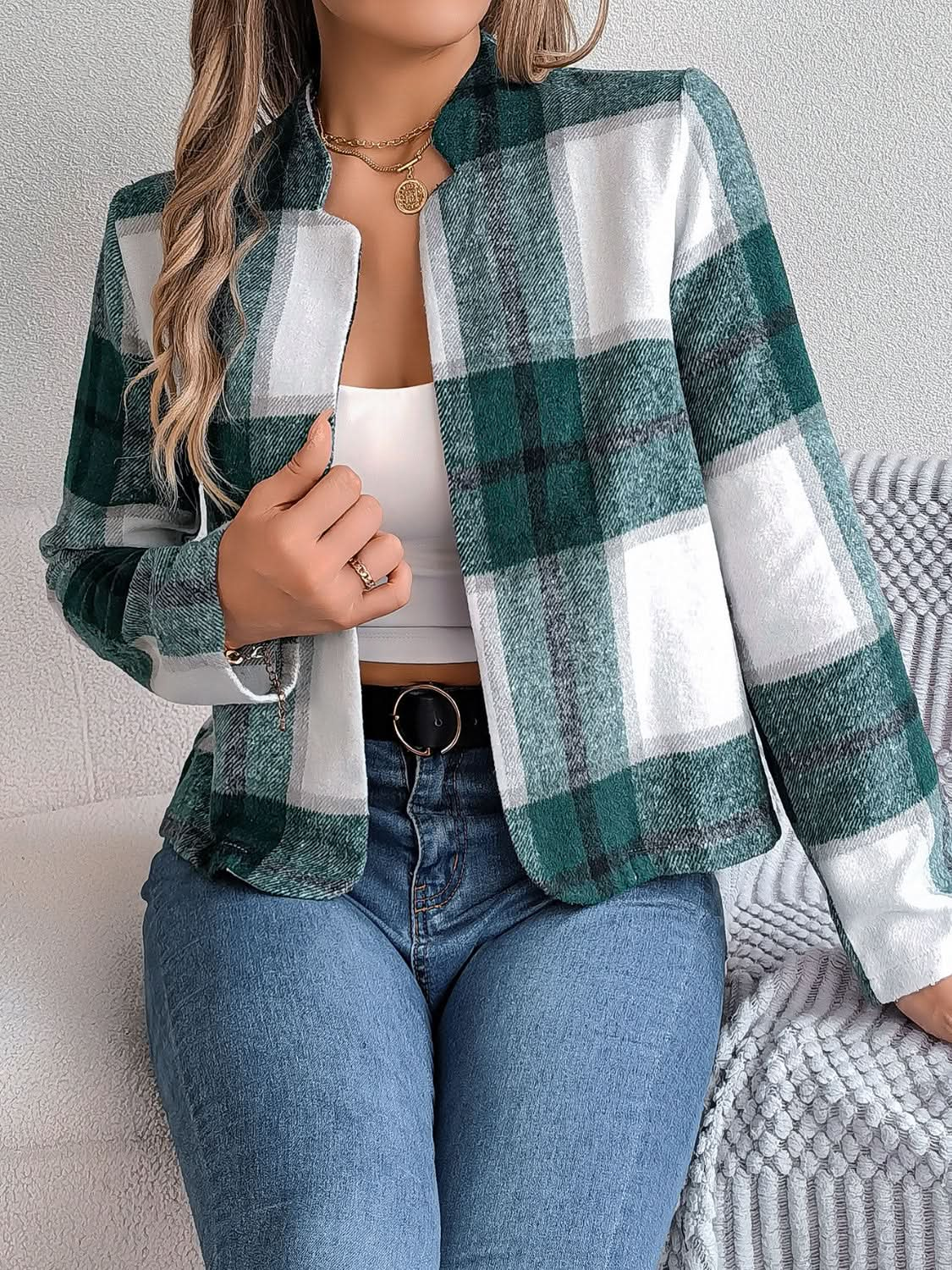 Plaid Open Front Long Sleeve Jacket