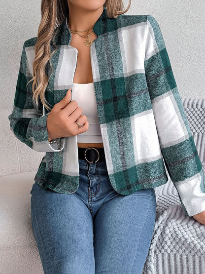 Plaid Open Front Long Sleeve Jacket