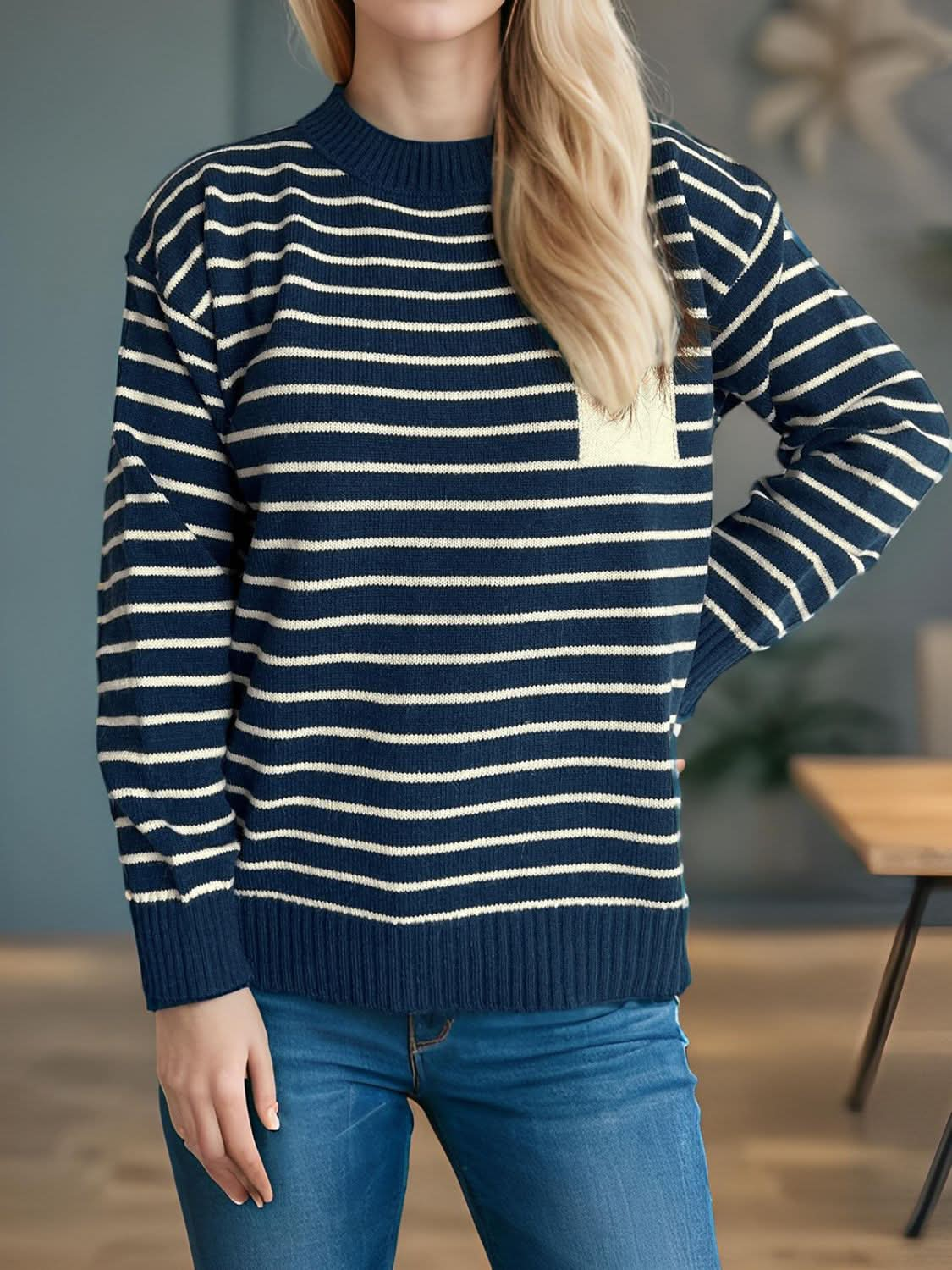 Striped Mock Neck Long Sleeve Sweater