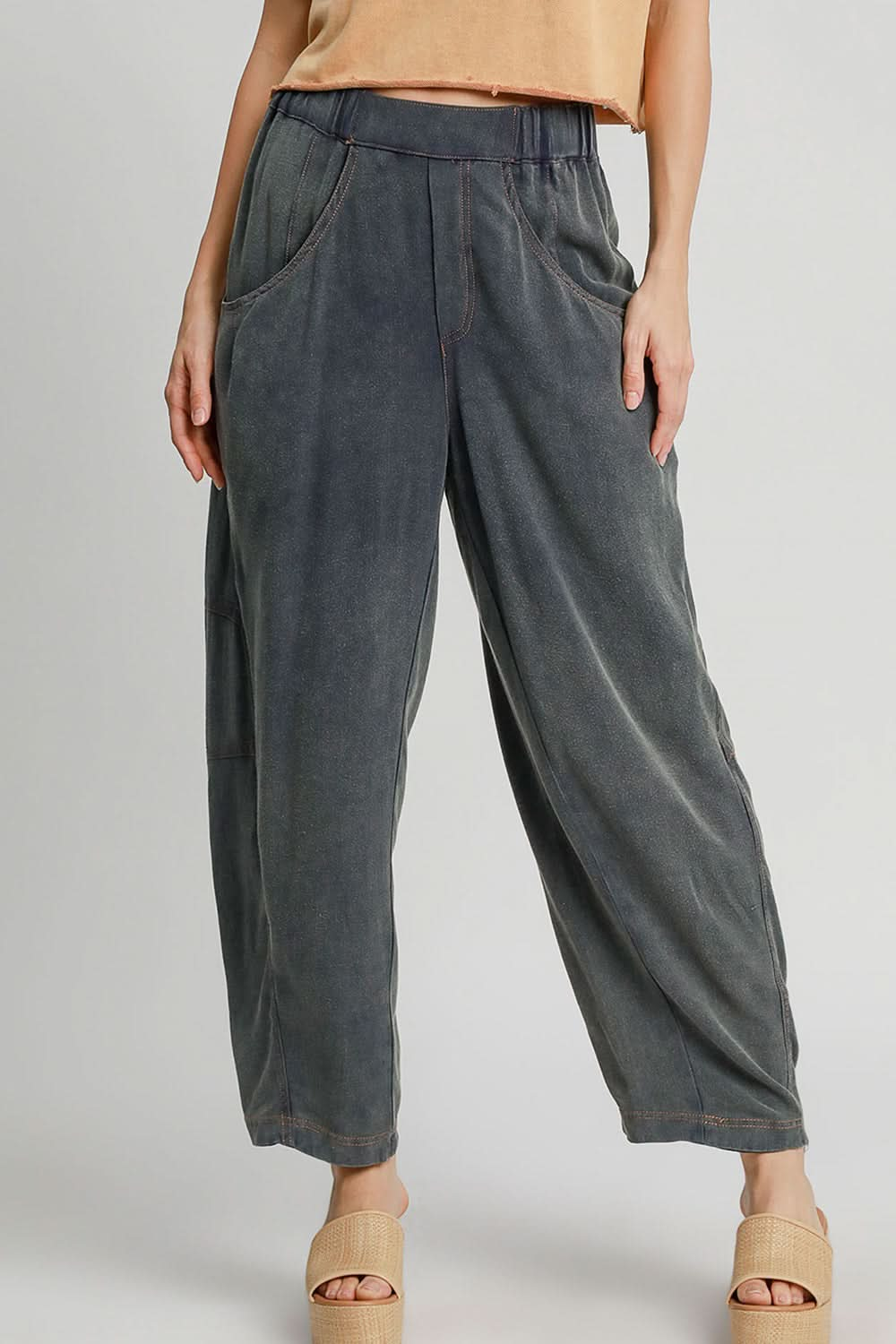 Umgee Relaxed Fit Pocketed Linen-Cotton Pants with Elastic Waistband