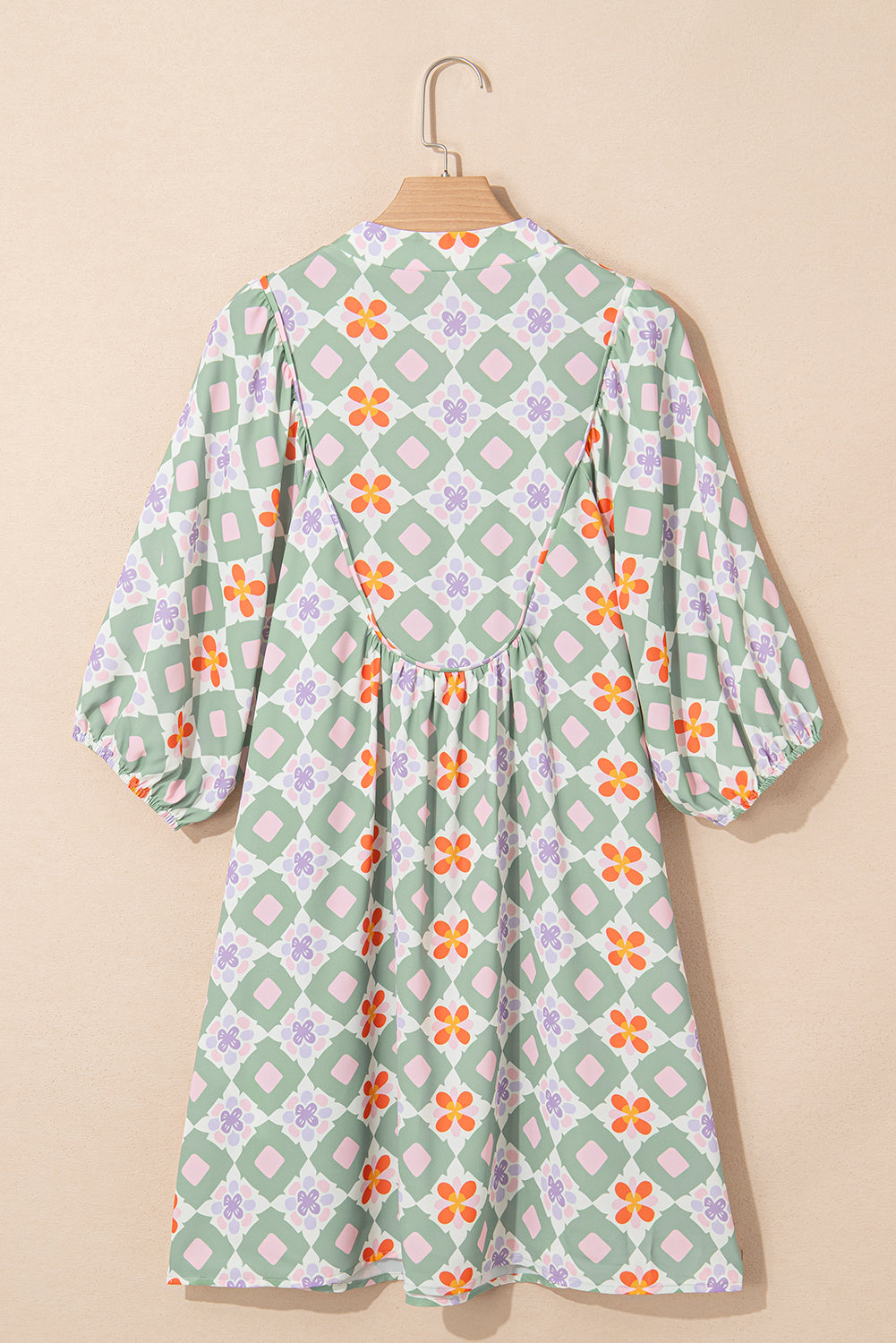Green Geometric Floral Print 3/4 Sleeve Mini Dress