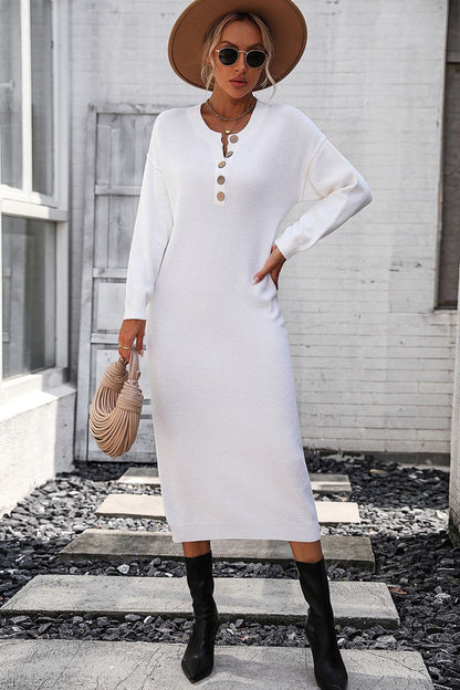 Notched Neck Dropped Shoulder Button-Down Midi Dress.