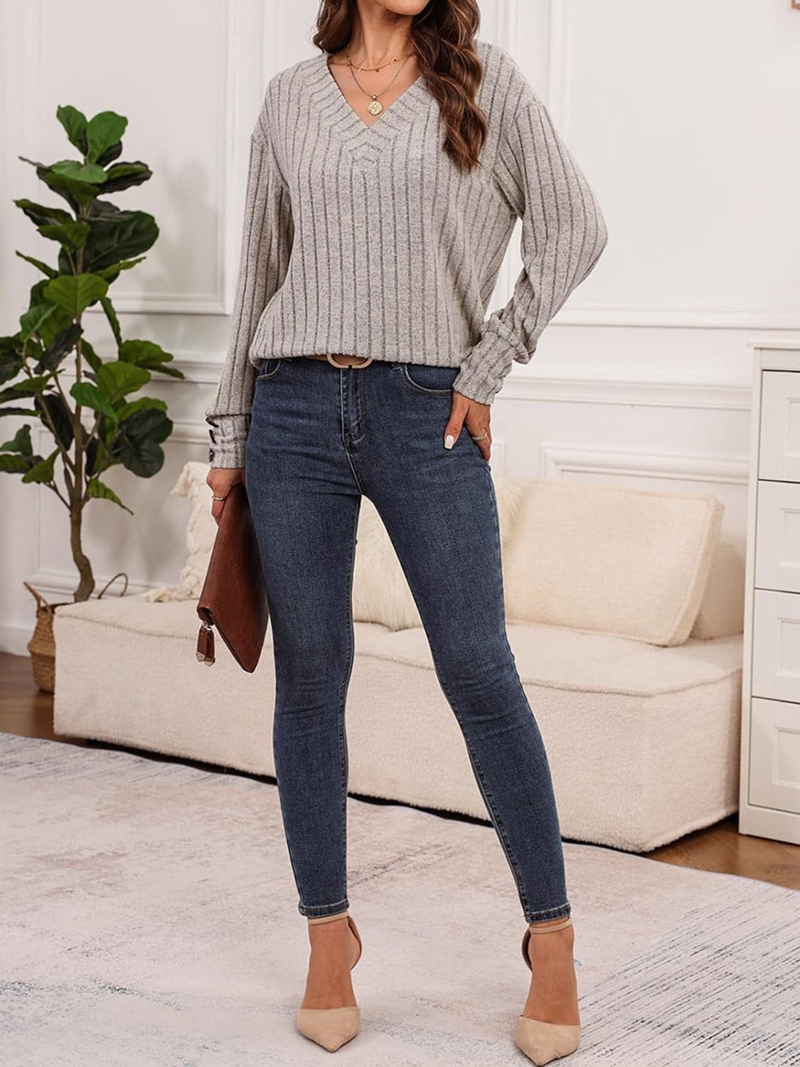 Ribbed V-Neck Long Sleeve T-Shirt.