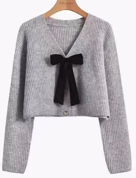 Bow Tie V-Neck Cropped Cardigan Miss Sparkling